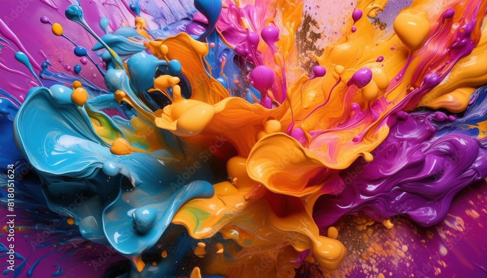 Vibrant explosion of blue, orange, pink, purple, and yellow paint splashes in dynamic motion, evoking joyful creativity and energetic expression.