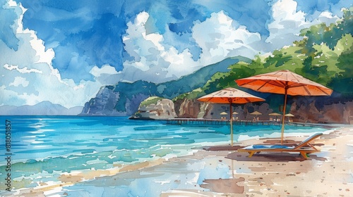 watercolor image of a peaceful beach with clear waters and vibrant umbrellas  illustrating the theme of summer relaxation