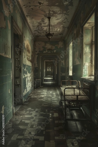 A dilapidated asylum corridor  chipped floor tiles and peeling wallpaper  a stray medical gurney sits abandoned in the gloom  and faint cries echo from unseen rooms