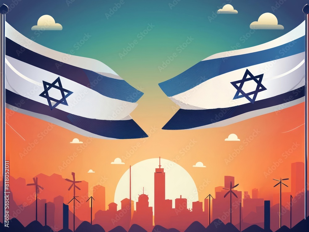 Design an inspirational image for a donation app screen, showing the flags of israel artistically intertwined. The background is a calming gradient sky transitioning from dawn to dusk Design an inspirational image for a donation app screen, showing the flags of israel artistically intertwined. The background is a calming gradient sky transitioning from dawn to dusk