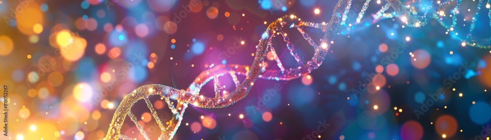 A glowing network of lines forming a DNA strand, against a backdrop of a colorful and abstract biological cell A glowing network of lines forming a DNA strand, against a backdrop of a colorful and abstract biological cell
