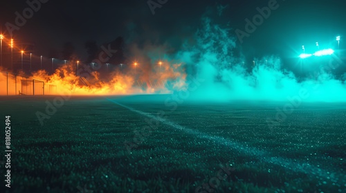 textured soccer game field with neon fog - center  midfield ar 16 9