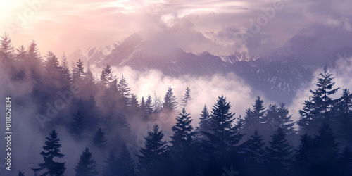 A photo realistic illustration of misty mountains and forest in the morning, creating a mystic and tranquil atmosphere. Suitable for nature-themed graphic designs and illustrations.