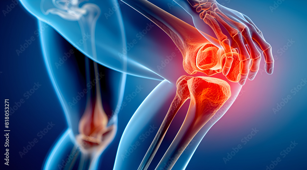 A knee is shown in red and blue with a person's hand on it. The knee is swollen and the person is in pain