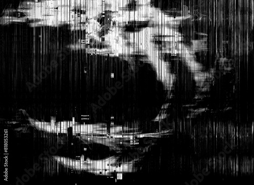 Glitch abstract boats at sea in black and white