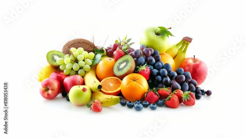 A variety of fruits are arranged together on a white background. 