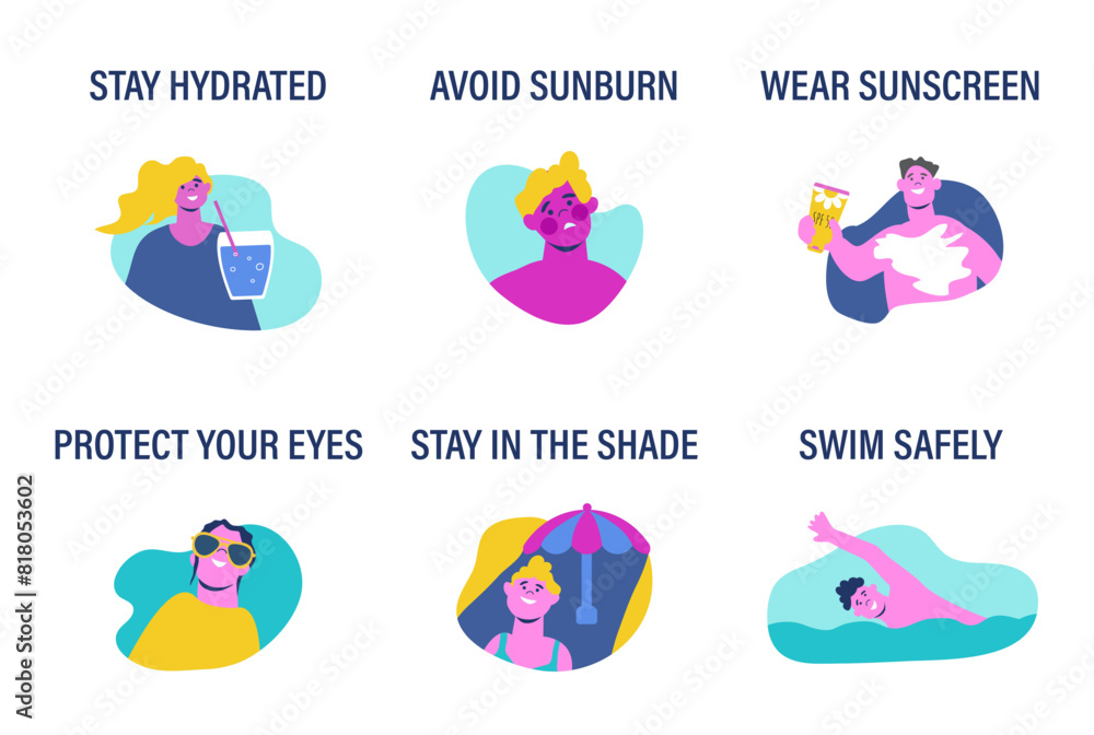 Summer safety. Protection from overheating, sunburn and caution on the water. Infographics about healthcare. Vector