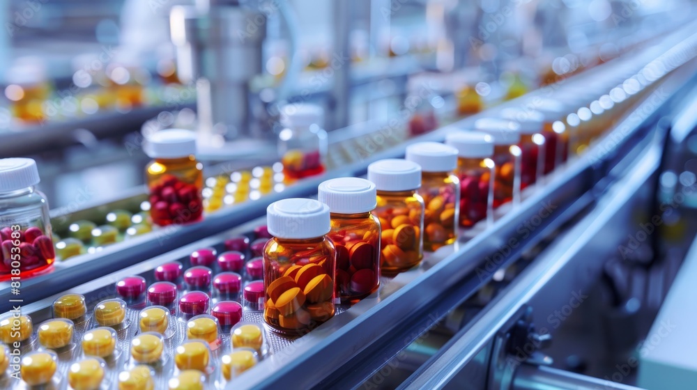 Close-up of a conveyor belt carrying rows of small glass medicine bottles, reflecting industrial precision and sterile environment Close-up of a conveyor belt carrying rows of small glass medicine bottles, reflecting industrial precision and sterile environment