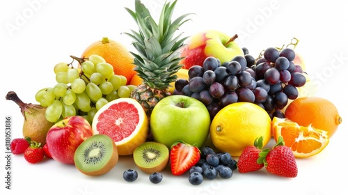 A variety of fruits are arranged together on a white background. 