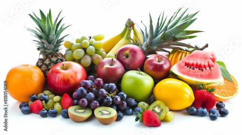 A variety of fruits are arranged together on a white background. 