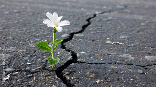 a flower growing through a crack in the road