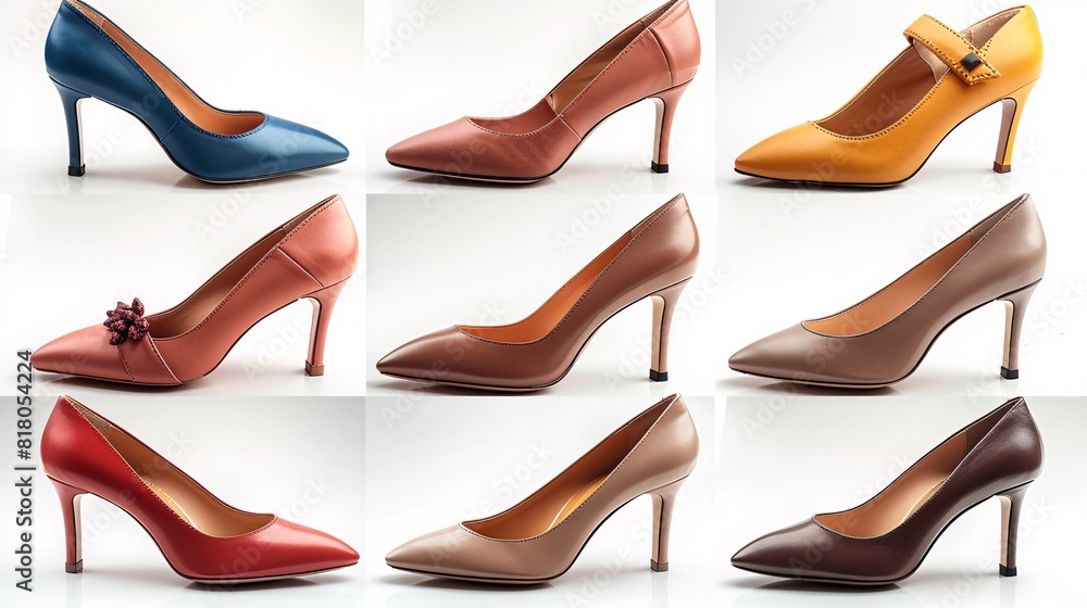 A grouping of womens high heeled shoes in diverse colors displayed together A grouping of womens high heeled shoes in diverse colors displayed together
