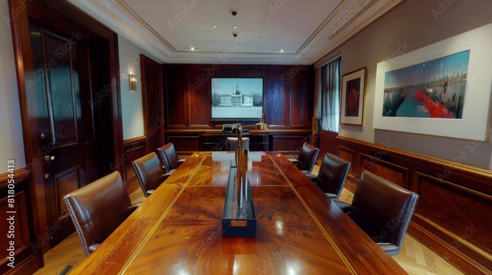A sophisticated conference room featuring a polished wooden table, leather chairs, and framed artwork on the walls, prepared for a business meeting. A sophisticated conference room featuring a polished wooden table, leather chairs, and framed artwork on the walls, prepared for a business meeting.