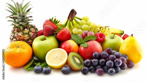 A variety of fruits including apples  grapes  bananas  pineapple  oranges  and strawberries