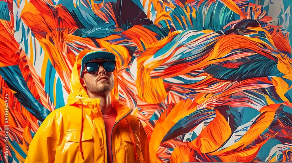 Fototapeta premium Handsome man in a yellow raincoat and sunglasses. Abstract multicolored background. Brunet - model with facial hair and a baseball cap with a serious face looking towards the screen