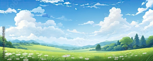 A beautiful, serene landscape with a large field of grass and a few trees