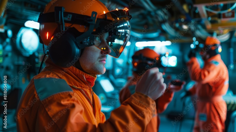 Render a scene of crew members undergoing augmented reality training simulations, practicing emergency procedures and equipment maintenance in a virtual ship environment Render a scene of crew members undergoing augmented reality training simulations, practicing emergency procedures and equipment maintenance in a virtual ship environment