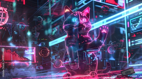 3D. Realistic. Printing. Illustrate. Generate AI. Sci-Fi Lucky Cat, right front leg raised, holographic coins swirling around, futuristic cityscape, high-tech and sleek.