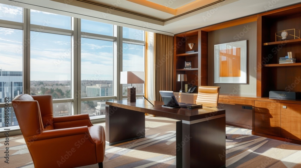 Naklejka premium A spacious modern office featuring a large desk with a view of the bustling city skyline through the window.