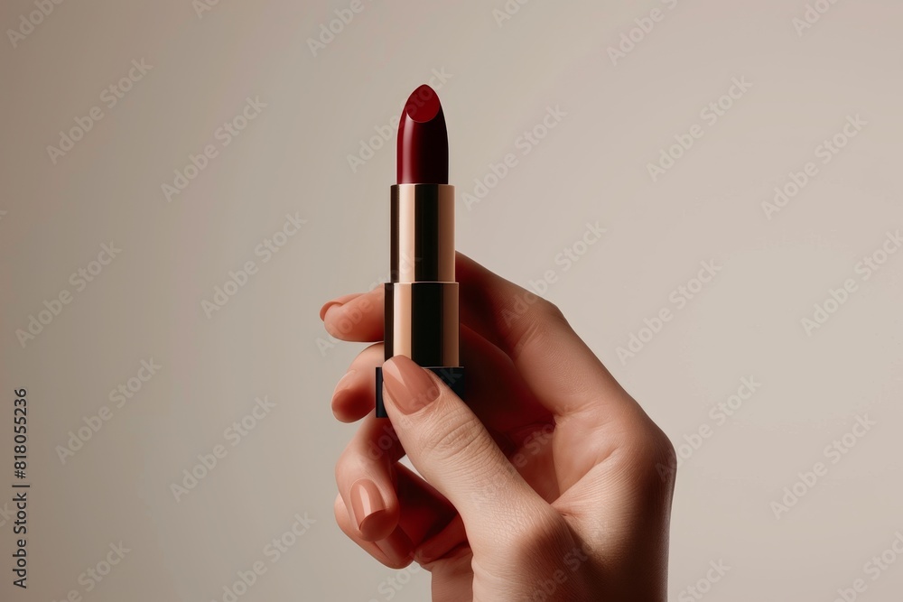 Mockup featuring a vibrant red lipstick held by a hand with matching red nail polish. Perfect for beauty product advertisements, cosmetics branding, and fashion promotions. Mockup featuring a vibrant red lipstick held by a hand with matching red nail polish. Perfect for beauty product advertisements, cosmetics branding, and fashion promotions.