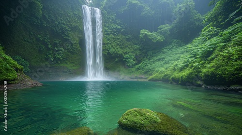 A cascading waterfall hidden within a lush  untouched jungle