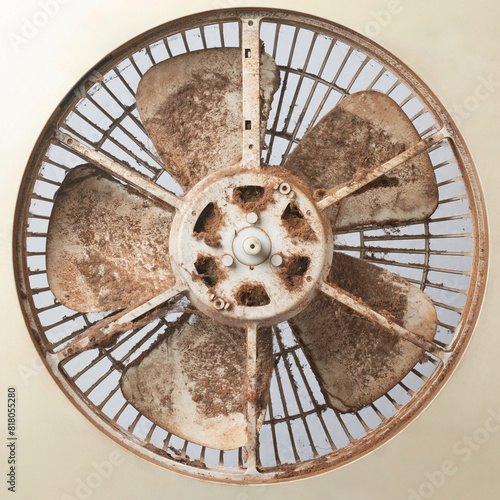 dusty table fan and blades close-up, collected dirt fur and debris, service maintenance household equipment concept in full frame