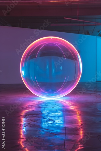 A vibrant neon sphere suspended in a vast, empty space © EC Tech 