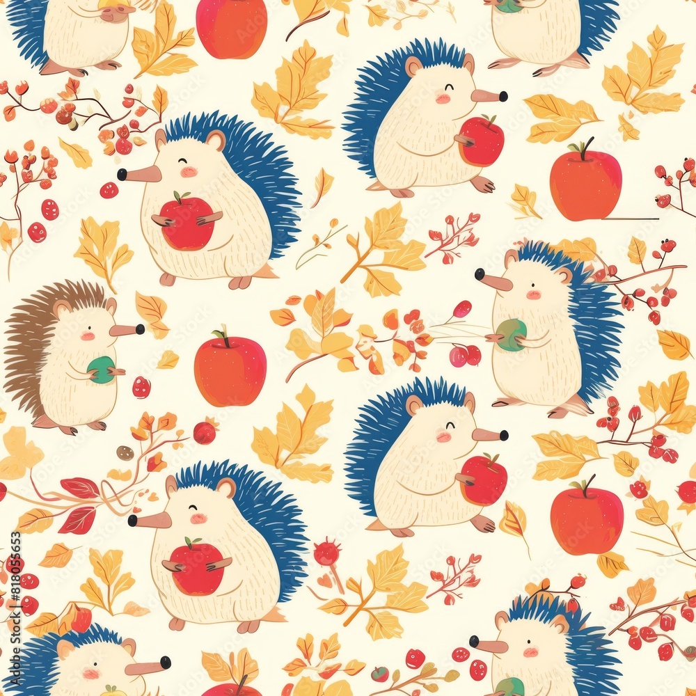 Happy hedgehogs carrying apples on their backs wander among autumn leaves and berries, creating a heartwarming seamless pattern perfect for fall-themed textiles or wallpaper. Happy hedgehogs carrying apples on their backs wander among autumn leaves and berries, creating a heartwarming seamless pattern perfect for fall-themed textiles or wallpaper.