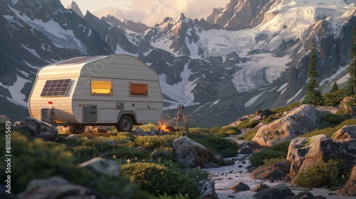 Camper trailer with solar panels, packed and ready, nestled in mountainous terrain, detailed close-up, morning light, crisp and clear