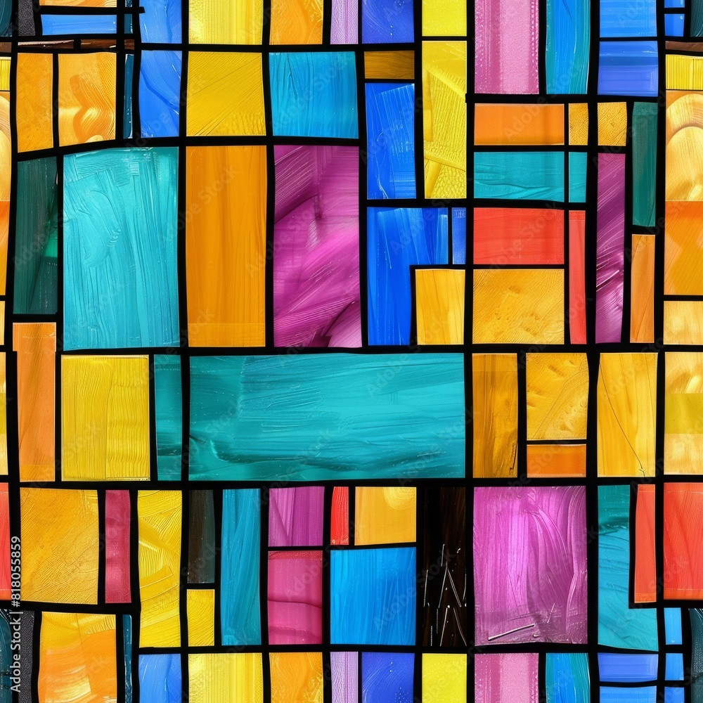 A seamless pattern mimicking stained glass with bold, contrasting blocks of color framed by black lines, creating a striking, modern wallpaper background. A seamless pattern mimicking stained glass with bold, contrasting blocks of color framed by black lines, creating a striking, modern wallpaper background.