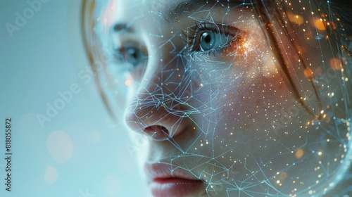 The girl 's face is covered with threads of an electronic network . Neural networks of facial recognition for human identification