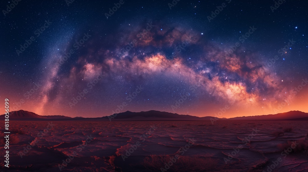 Obraz premium A desolate desert landscape under a starry night sky, with the Milky Way galaxy stretching across the horizon