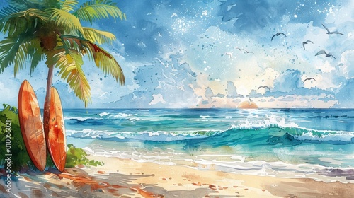 colorful watercolor image of a beach with surfboards against a palm tree  seagulls in the sky  and waves on the shore  depicting summer activities