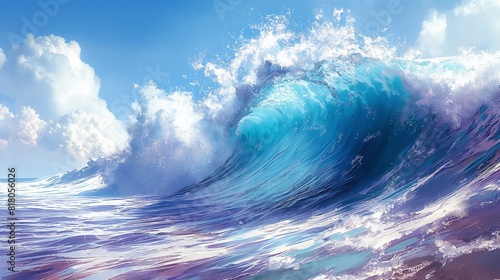 large, crashing blue wave in the ocean. Banner I: Surfing Summer Wave