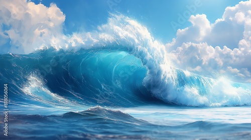 large, crashing blue wave in the ocean. Banner I: Surfing Summer Wave