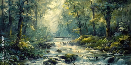 A beautiful painting of a forest stream