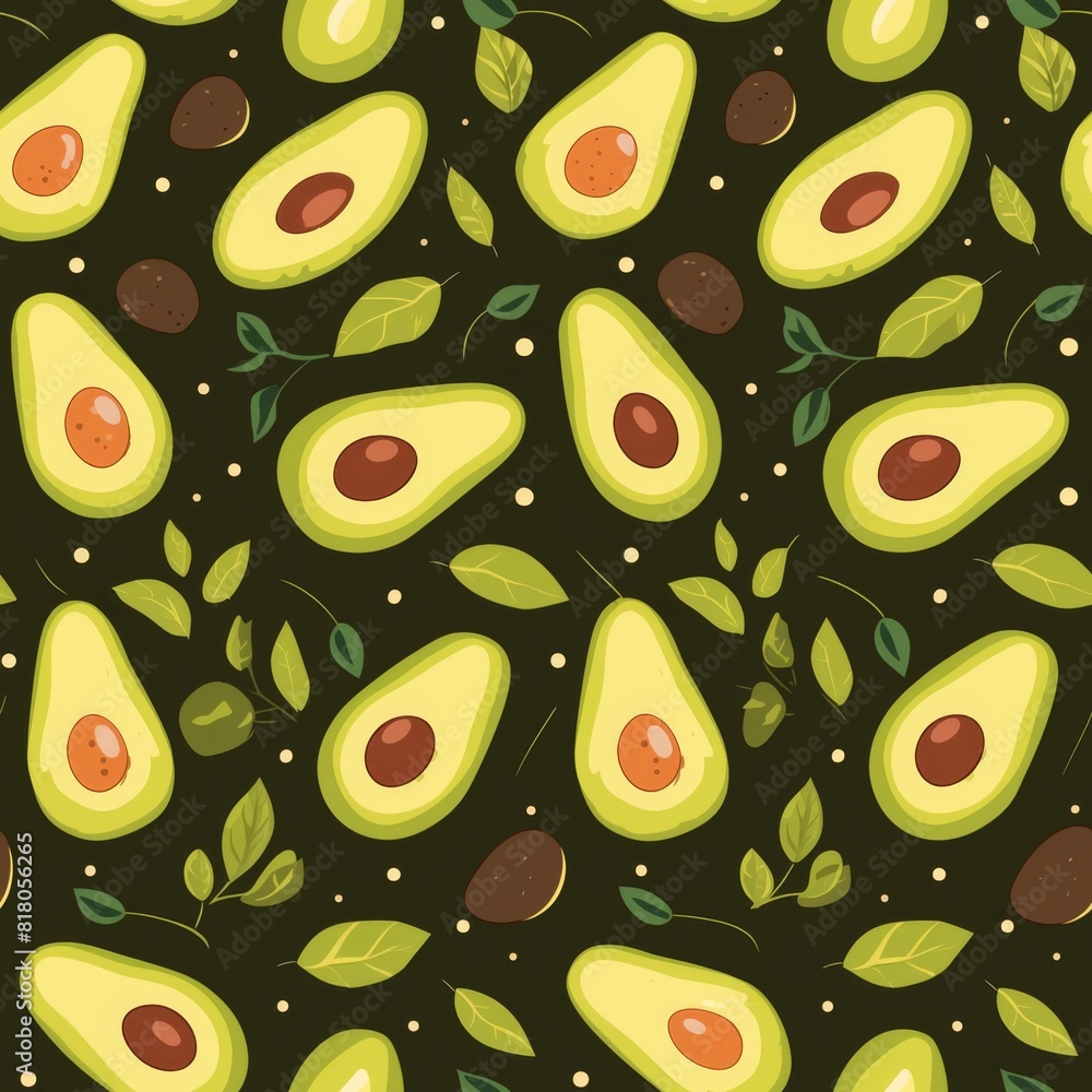 Whole and sliced avocados paired with vibrant basil leaves adorn this pattern, creating a fresh and appealing design against a dark, contrasting background. Seamless pattern wallpaper background. Whole and sliced avocados paired with vibrant basil leaves adorn this pattern, creating a fresh and appealing design against a dark, contrasting background. Seamless pattern wallpaper background.