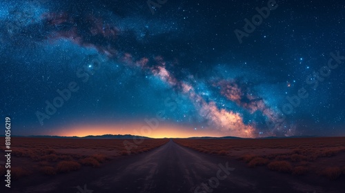 A desolate desert landscape under a starry night sky, with the Milky Way galaxy stretching across the horizon