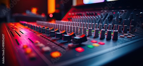 A spacious soundboard adorned with numerous knobs and buttons. photo