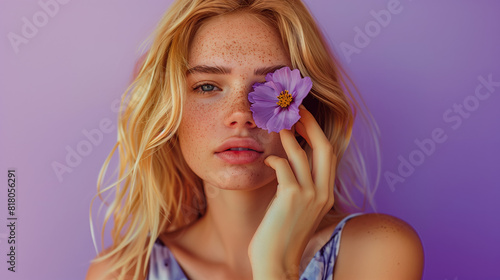 A beautiful blond girl holding a flower near her face, covering one eye. Beauty advertisement shoot in the studio. violet background.