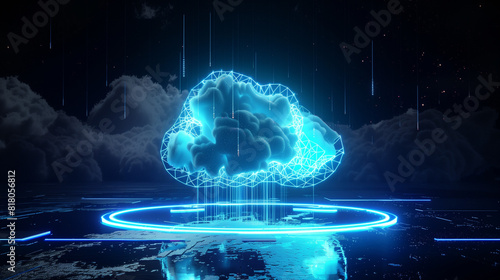 A blue color neon light hologram 3d cloud symbol on an AI background. Futuristic server cloud computing technology, digital data flow, virtual infrastructure, artificial intelligence, cyberspace. photo