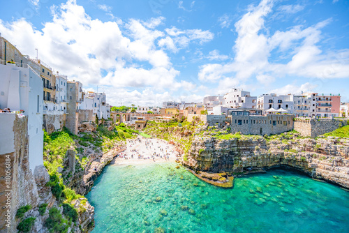 Cityscape of Polignano a Mare beach, Puglia region, Italy, Europe. Seascape of Adriatic sea