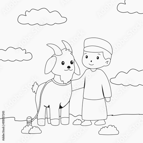 coloring page for kids about boy muslim character with goat