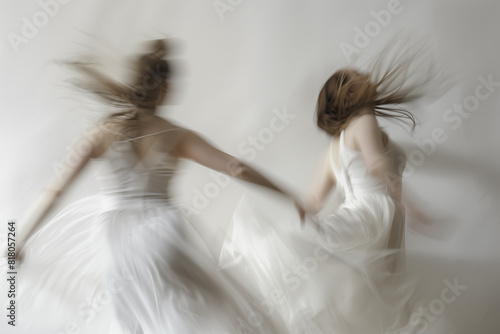 Women dancing contemporary ballet  on a white background captured with motion blur.