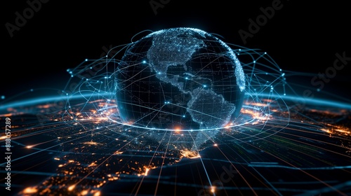 Wallpaper Mural digital world globe centered on America, concept of global network and connectivity on Earth, high-speed data transfer and cyber technology, information exchange and international telecommunication Torontodigital.ca