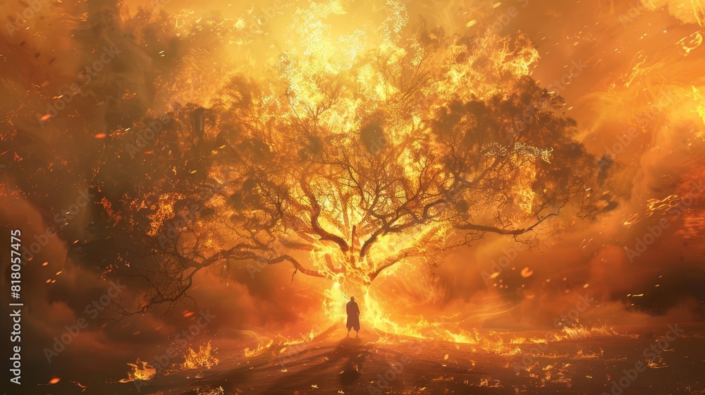 fiery encounter burning bush ablaze with divine presence vivid biblical concept art fiery encounter burning bush ablaze with divine presence vivid biblical concept art