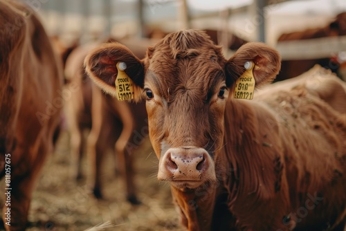 Close-Up View of Certified Organic Livestock Tags on Farm Cattle**