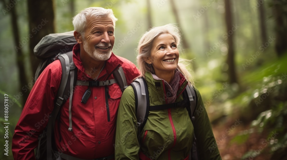 A close-up photo of a senior couple hiking through a lush forest, their faces filled with a sense of adventure. A close-up photo of a senior couple hiking through a lush forest, their faces filled with a sense of adventure.