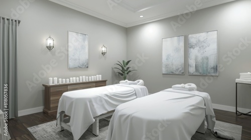 A serene spa room with two massage tables covered in white linens  ambient lighting  candles  and soft decor  providing a peaceful atmosphere for relaxation and rejuvenation.