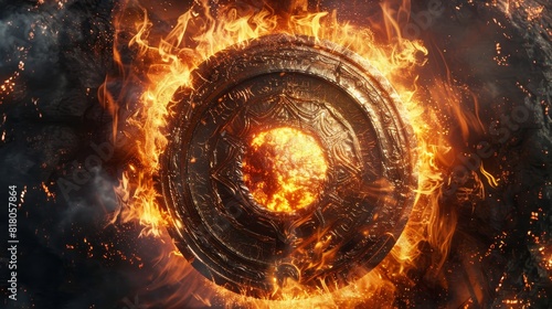 An ancient warrior's shield surrounded by mystical flames, destroying all threats that come near